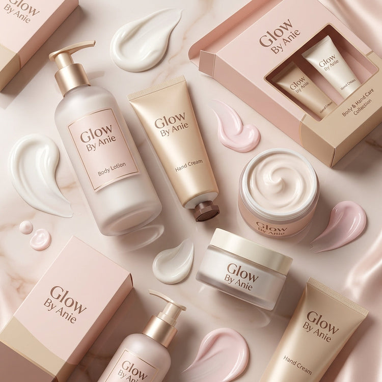Body and hand care products collection banner Glow By Anie